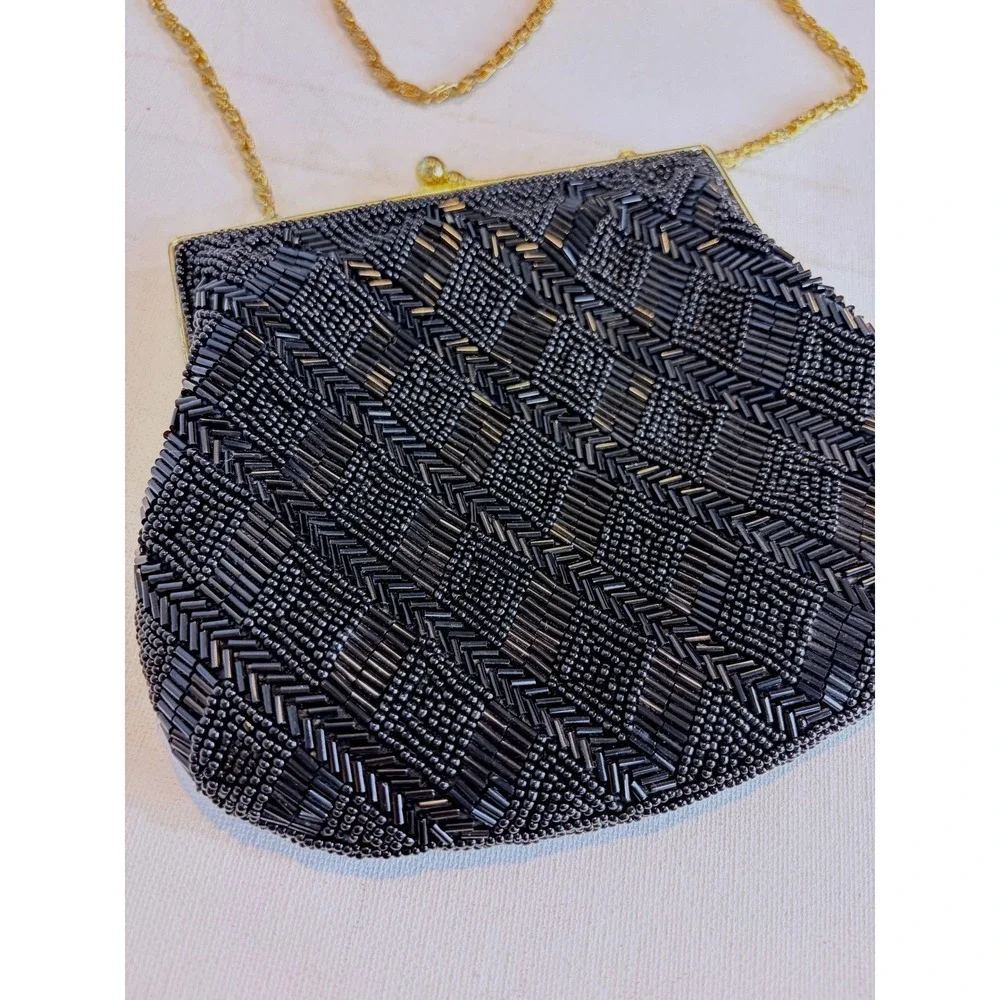 Vintage 80s La Regale Black Beaded Chevron Evening Bag Gold Chain Clutch Purse